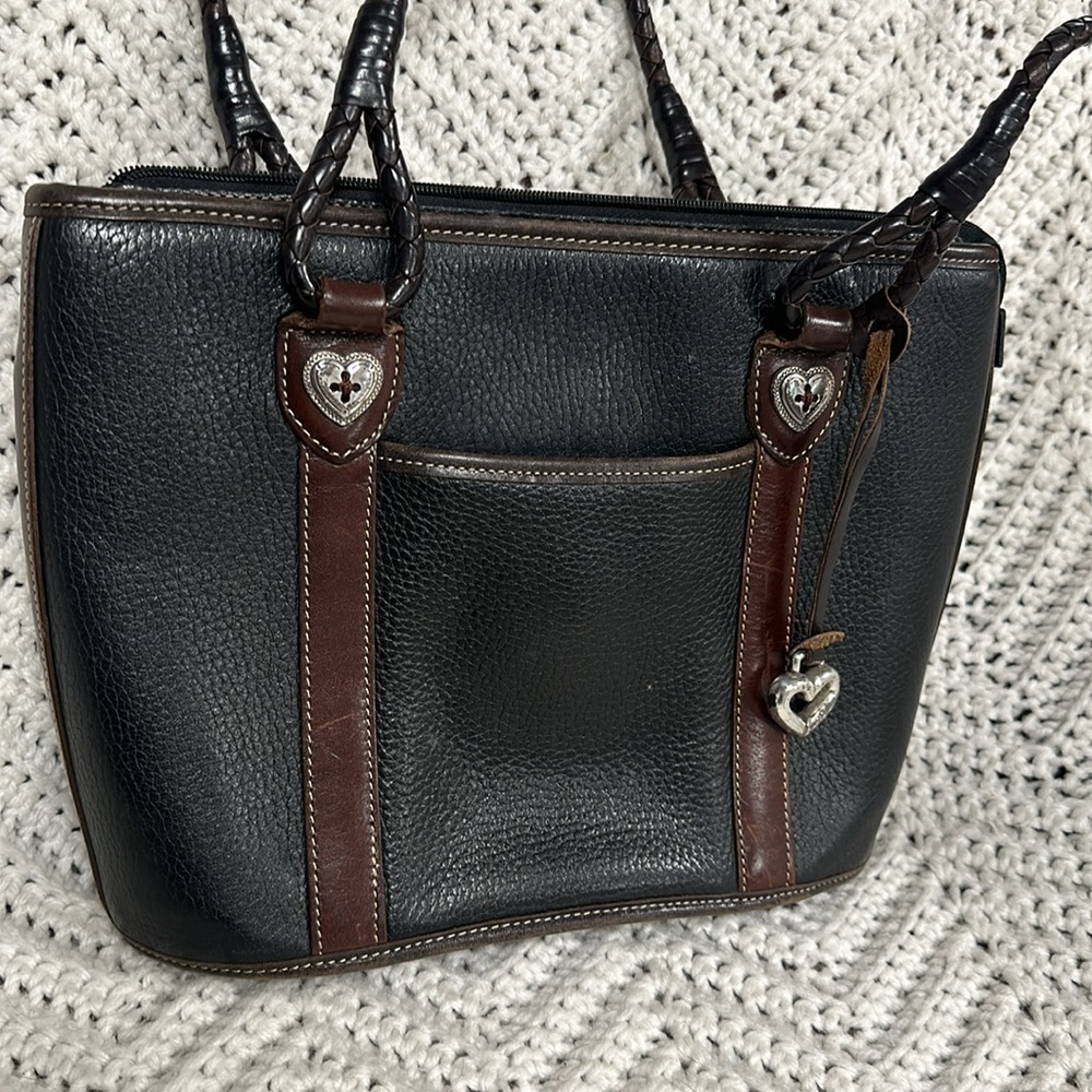Brighton pebble leather braided straps large purse, silver hearts, black/brown